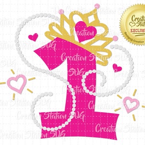 SVG 1 Princess Tiara Number first one 1st Birthday Crown Cut File for HTV Vinyl and Paper Scrapbooking png, eps, dxf, vector