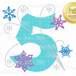 May include: A turquoise number five with a snowflake design. The number is surrounded by silver swirls and snowflakes in blue and purple.