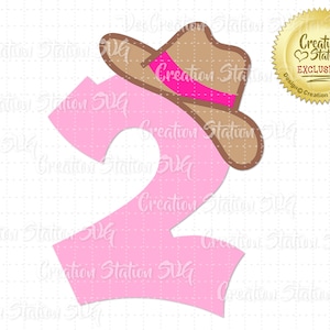 Puede incluir: Número dos rosa con un sombrero de vaquero marrón en la parte superior. El sombrero tiene una banda rosa alrededor.