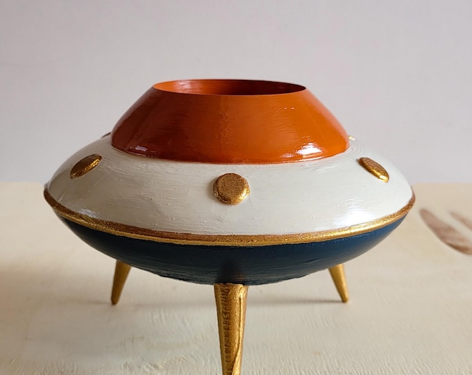 Retro Mini UFO Blumentopf | 3D Gedrucktes Handmade Raumschiff Dekor | Futuristisches Pflanzgefäß | Haus & Büro Dekoration