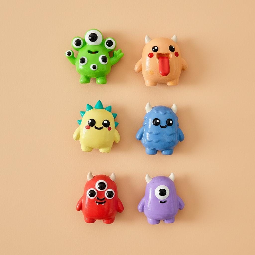 Handmade 3D Printed Monster Fridge Magnets: Set of 6 Colorful