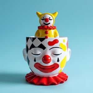 Dubbele Clown Bloempot | Eigenzinnig 3D-geprint circusdecor | Handgeschilderde retro gezichtsvaas