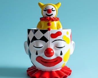 Vaso doppio da clown / Decorazione circense originale stampata in 3D / Vaso con volto retrò dipinto a mano