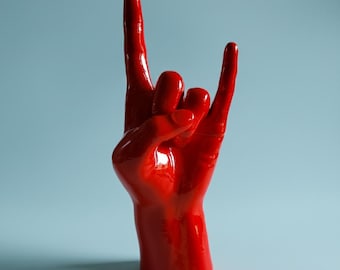 Red | Metal Rock Hand Sign Sculpture: 3D Printed Home Decor