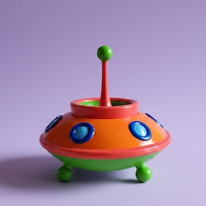 Handgemalter bunter UFO-Übertopf: Retro-Raumschiff-Organizer