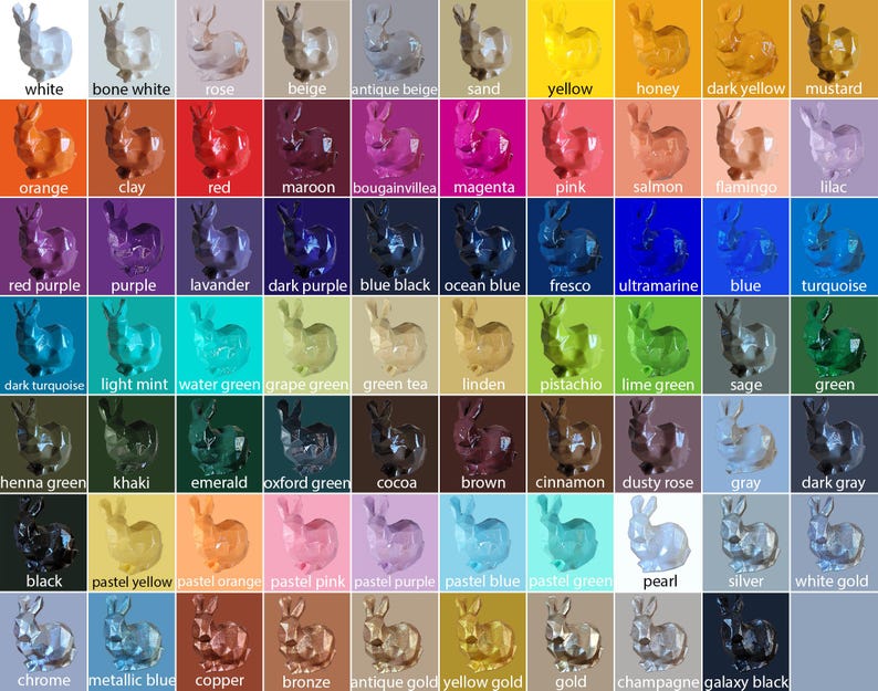 Puede incluir: Un gr&aacute;fico con 60 figuritas de conejo de cer&aacute;mica de diferentes colores. Los conejos est&aacute;n todos en la misma pose, con las orejas levantadas y la cola hacia abajo. Los colores van del blanco al negro, con muchos tonos intermedios.
