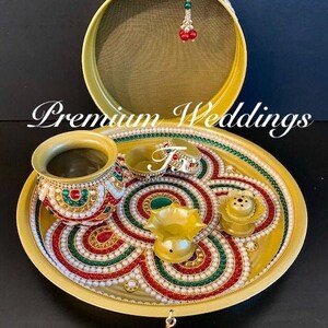 Handmade Gold Karwachauth Puja Thali Set: Diwali Decor
