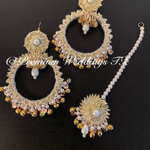 Gold Pearl Gotta Earrings & Maang Tikka Set, Gotta Jhumki, Gotta Earrings, Handmade Jewelry, Dulhan Jewelry, Bridesmaids Favors, Maang Tikka