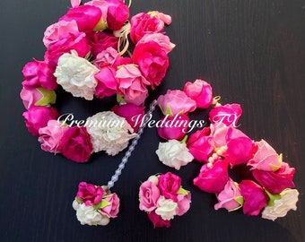 Pink Foam Flower Jewelry Set: Gajra, Bangles, Tikka, Earrings