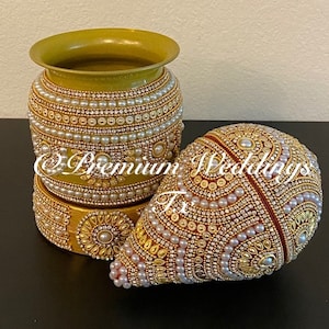Kalash with Coconut, Rhinestone Decorated kalash, Ganesh Pooja, Holy Water Pot, Kalash with Coconut, Red Green Coconut Kalash stand
