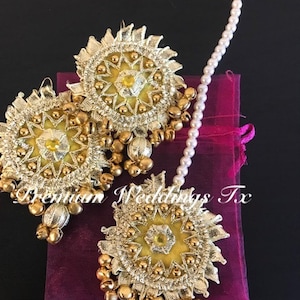 Yellow Gotta Earrings & Maang Tikka Set, Gotta Jhumki, Gotta Earrings, Handmade Jewelry, Dulhan Jewelry, Bridesmaids Favors, Maang Tikka