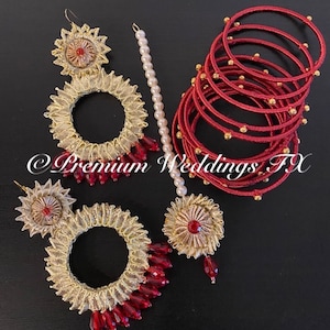 Red Gotta Earrings Tikka Resham Bangles Set, Resham Bangles, Mango Tikka, Gotta Earrings, Handmade Jewelry, Dulhan Jewelry, Dulhan Accessory