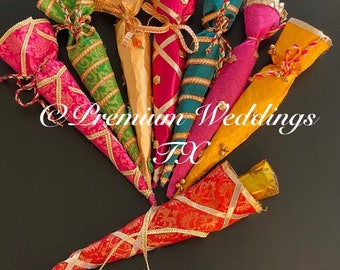 Handgemaakte Banarsi-zijden mehndi kegelhoezen - Indiase bruiloftsdecoratie (set van 4 of 8)