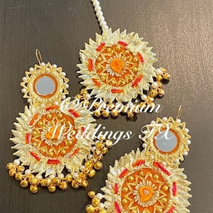 Orange Gotta Earrings & Maang Tikka Set, Gotta Jhumki, Gotta Earrings, Handmade Jewelry, Dulhan Jewelry, Bridesmaids Favors, Maang Tikka