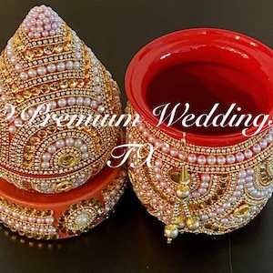 Handmade Red Kalash Pot: Gold Rhinestone & Pearl Ganesh Pooja Decor