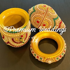 Red Green Kalash with Coconut,Gold Base Rhinestone Decorated kalash,Ganesh Pooja, Holy Water Pot, Kalash Set,Red Green Coconut Kalash stand