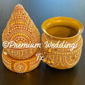 Gold Kalash with Coconut, Rhinestone Decorated kalash, Ganesh Pooja, Holy Water Pot, Kalash with Coconut, Red Green Coconut Kalash stand