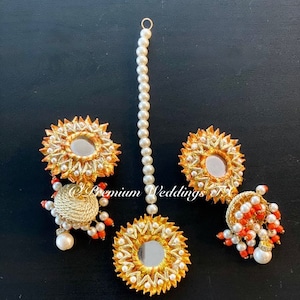 Orange Gotta Ohrringe & Maang Tikka Set, Gotta Jhumki, Gotta Ohrringe, handgemachter Schmuck, Dulhan Schmuck, Brautjungfern Gefälligkeiten, Maang Tikka