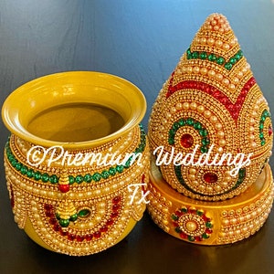 Red Green Kalash with Coconut, Rhinestone Decorated kalash,Ganesh Pooja, Holy Water Pot, Kalash with Coconut, Red Green Coconut Kalash stand