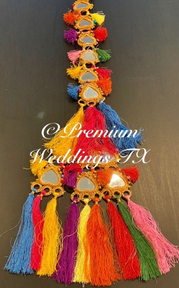 Colorful Indian Decorative Tassel Garland with Mirrors - Paranda Multicolour Mirror Paranda With Jasmine Flowers | Hair  main image 4