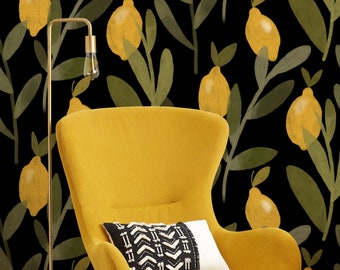 Watercolor Lemon Tree Wallpaper Yellow Lemons with Green Leaves Citrus Wallpaper Dark Floral Wallpaper Lemon Wallpaper Fruit Wallpaper