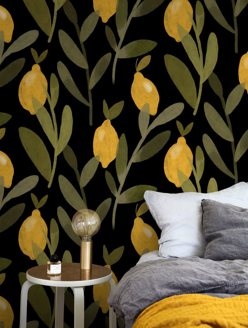 Watercolor Lemon Tree Wallpaper Yellow Lemons with Green Leaves Citrus Wallpaper Dark Floral Wallpaper Lemon Wallpaper Fruit Wallpaper