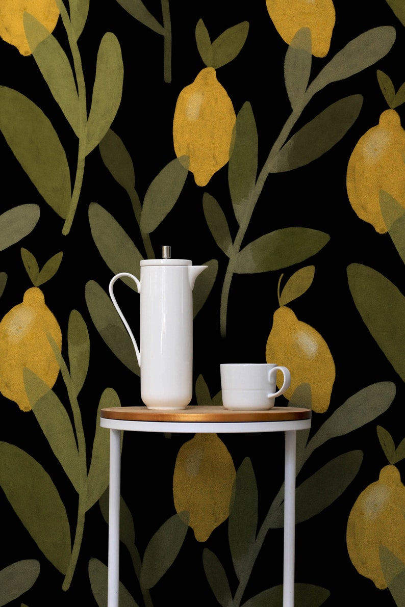 Watercolor Lemon Tree Wallpaper Yellow Lemons with Green Leaves Citrus Wallpaper Dark Floral Wallpaper Lemon Wallpaper Fruit Wallpaper