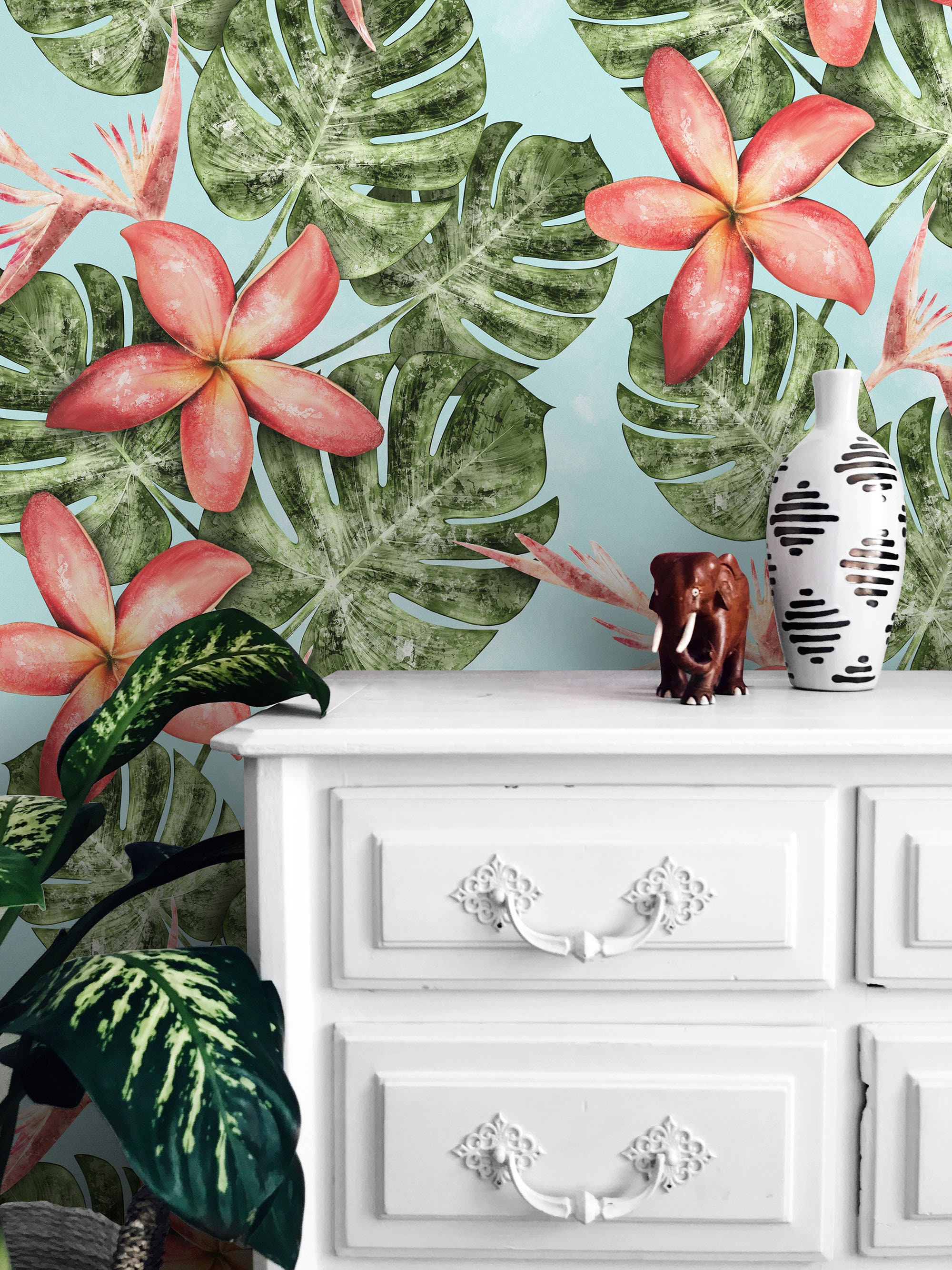 Tropical Wallpaper Blue Botanical Wallpaper Floral | Etsy