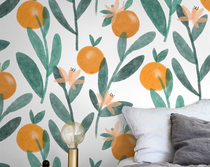 Watercolor Oranges Wallpaper SAMPLE Clementine Floral Etsy