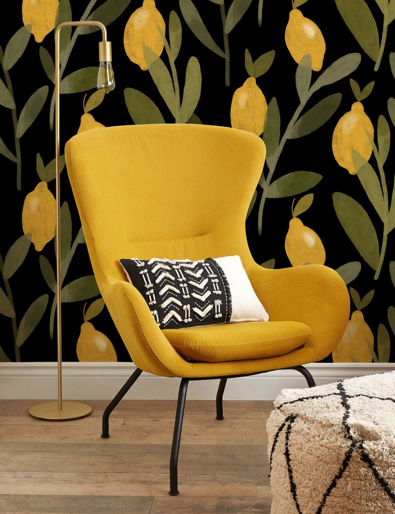 Watercolor Lemon Tree Wallpaper Yellow Lemons with Green Leaves Citrus Wallpaper Dark Floral Wallpaper Lemon Wallpaper Fruit Wallpaper