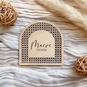Boho Baby Name Sign, Wooden Baby Announcement Sign, Baby Welcome, Rattan Baby Name Sign, Hospital Sign, Arch Rattan, Newborn Prop, Minimal