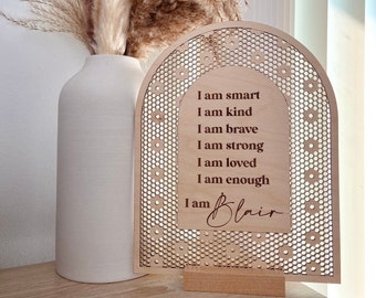Personalized Self Affirmations Sign, Wooden Kids Sign, Kids Room Decor, Rattan Flower Name Sign, Arch Rattan, Wood Room Decor, Boho Decor