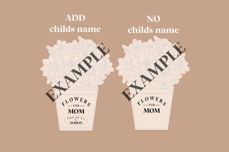 Op de afbeelding: Een printbaar ontwerp voor een bloempot met de tekst "Flowers for Mom" en de mogelijkheid om een ​​kindernaam toe te voegen. Het ontwerp toont een boeket bloemen in een witte pot.
