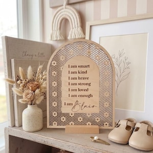 Personalized Self Affirmations Sign, Wooden Kids Sign, Kids Room Decor, Rattan Flower Name Sign, Arch Rattan, Wood Room Decor, Boho Decor