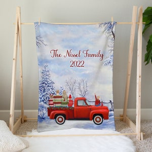 Christmas Truck Family Portrait Custom Blanket - Personalized Gift - Christmas Gift Idea - Custom Watercolor Cartoon Drawing With Pets