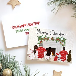 Personalized Christmas Family Portrait Illustration - Custom Watercolor Cartoon Drawing with Pets - Digital Print or Cards with Envelope