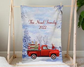 Christmas Truck Family Portrait Custom Blanket - Personalized Gift - Christmas Gift Idea - Custom Watercolor Cartoon Drawing With Pets