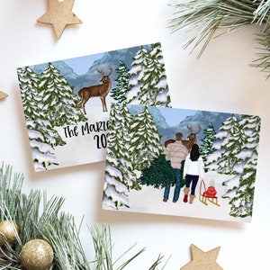 Personalized Christmas Family Portrait Illustration - Custom Watercolor Cartoon Drawing with Pets - Digital Print or Cards with Envelope