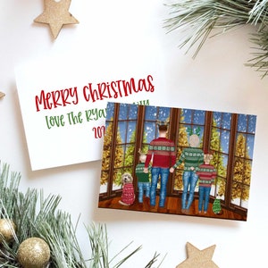 Personalized Christmas Family Portrait Illustration - Custom Watercolor Cartoon Drawing with Pets - Digital Print or Cards with Envelope