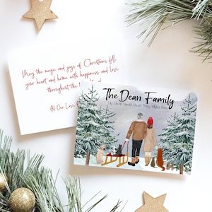 Personalized Christmas Family Portrait Illustration - Custom Watercolor Cartoon Drawing With Pets - Digital Print Or Card With Envelope