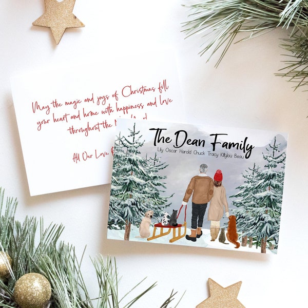 Personalized Christmas Family Portrait Illustration - Custom Watercolor Cartoon Drawing With Pets - Digital Print Or Card With Envelope