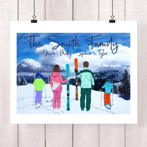 Ilustración personalizada de retratos familiares de deportes de invierno - Dibujo de dibujos animados en acuarela con mascotas - Digital Print Wall Art para regalo, tarjetas