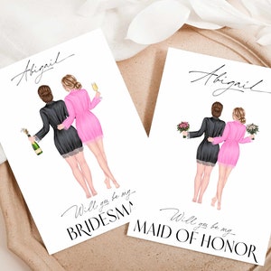 Personalized Bridesmaid Maid of Honor Portrait Illustration Custom Watercolor Cartoon Drawing Digital Print Or Card With Envelope image 1