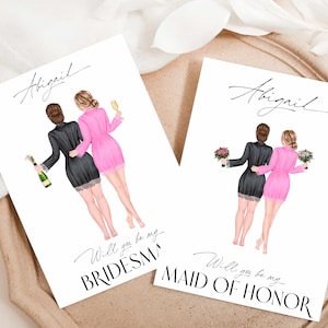 Personalized Bridesmaid Maid of Honor Portrait Illustration Custom Watercolor Cartoon Drawing Digital Print Or Card With Envelope image 1