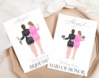 Personalized Bridesmaid - Maid of Honor Portrait Illustration - Custom Watercolor Cartoon Drawing - Digital Print Or Card With Envelope