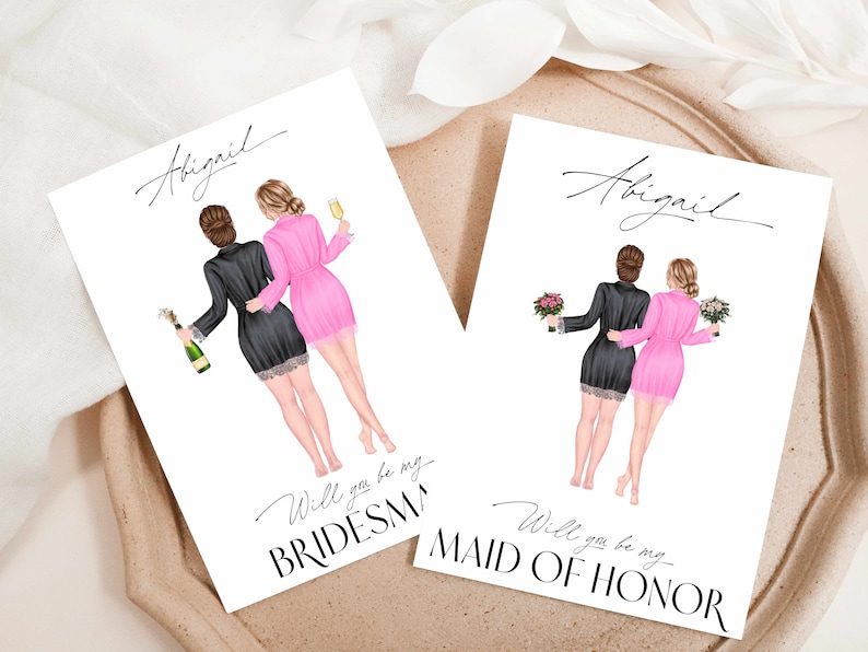 Personalized Bridesmaid Maid of Honor Portrait Illustration Custom Watercolor Cartoon Drawing Digital Print Or Card With Envelope image 1