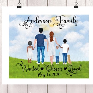 Ilustración personalizada de retratos familiares - Dibujo de dibujos animados en acuarela personalizado con mascotas - Arte mural impreso digital para el Día de las Madres o la Adopción
