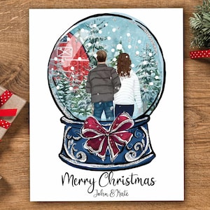 Ilustración personalizada de retrato familiar de Navidad Globo de nieve - Dibujo de dibujos animados en acuarela con mascotas - Parejas Primera Navidad