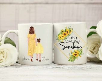 Coffee Mug - You Are My Sunshine - Portrait Watercolor Drawing - Mother'S Day Gift - Mother And Daughter - Sunflowers