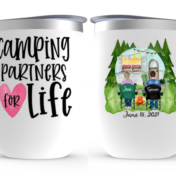 Stemless Wine Tumbler - Camping Partners For Life - Custom Portrait - Wedding Gift - Anniversary Gift - Camping Love